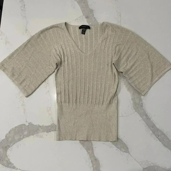 Cable & Gauge Sweaters - Cable & Gauge Silk Gold Sparkle Ribbed VNeck y2k Sweater Womens Medium Christmas
